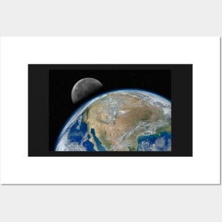 Planet Earth and Moon against dark starry sky Posters and Art